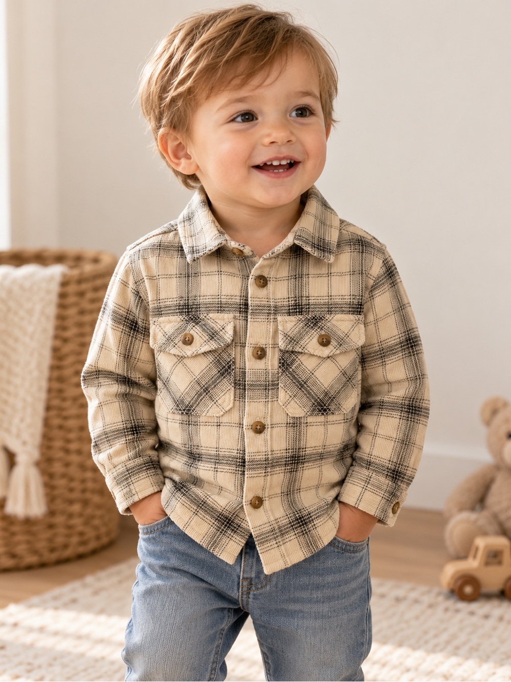 Zara Beige & Black Plaid Button-Front Kids Shirt